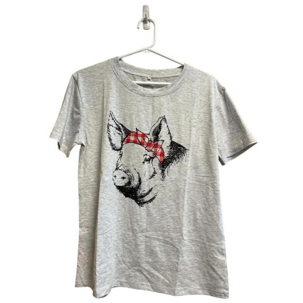 Grey Short Sleeve Pig Shirt Size Small Comfy Cotton